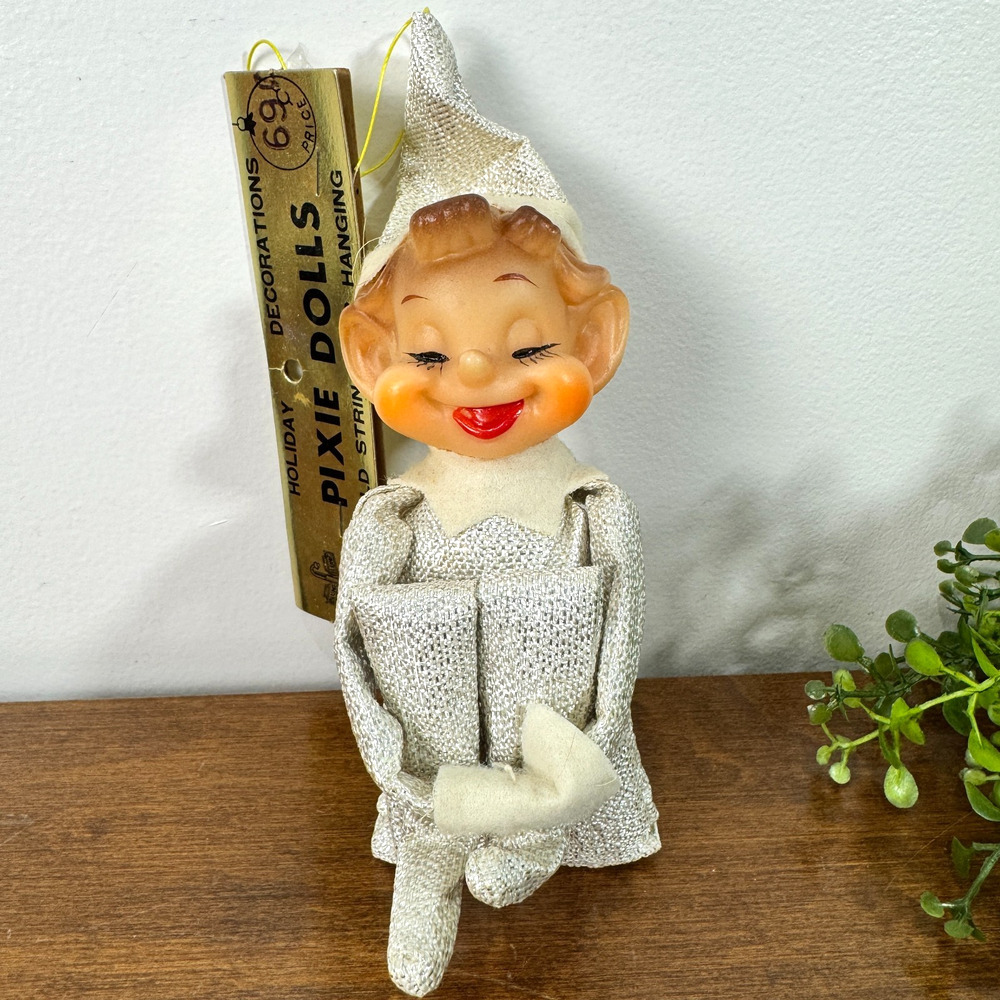 Vintage 1960s Japan Holiday Pixie Elf Doll Gold Lame Original Tag MCM